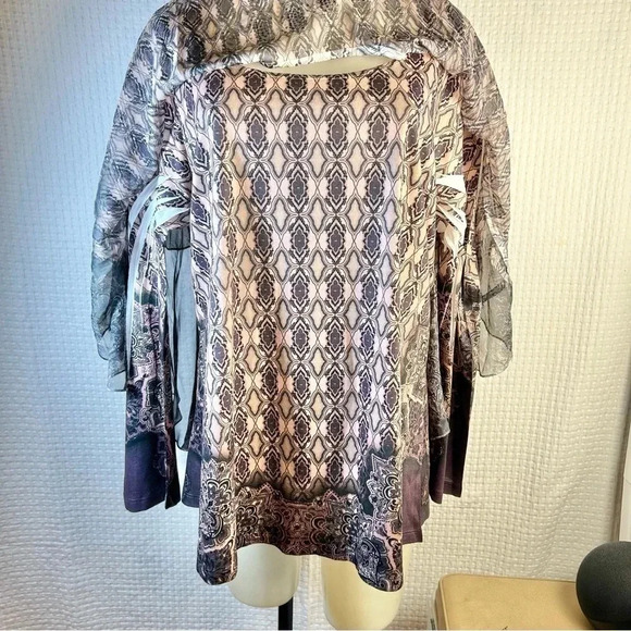 One World Plus Sz 1X Printed Long Sleeve Top w/ Chiffon Embellish Poncho Purple - Picture 10 of 14